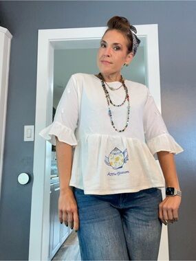 Apple Blossoms Cream Peplum Top with Teapot Motif,  one of a kind Tea towels top